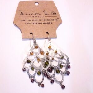 Mission Made India NOS Silver Tone Beaded Chandelier Drop Earrings